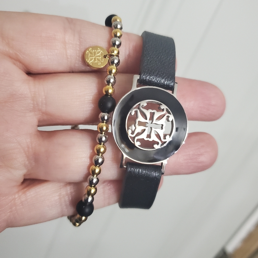 Rustic Cuff Black Silver 2 pc. lot of stretchy and leather bracelet